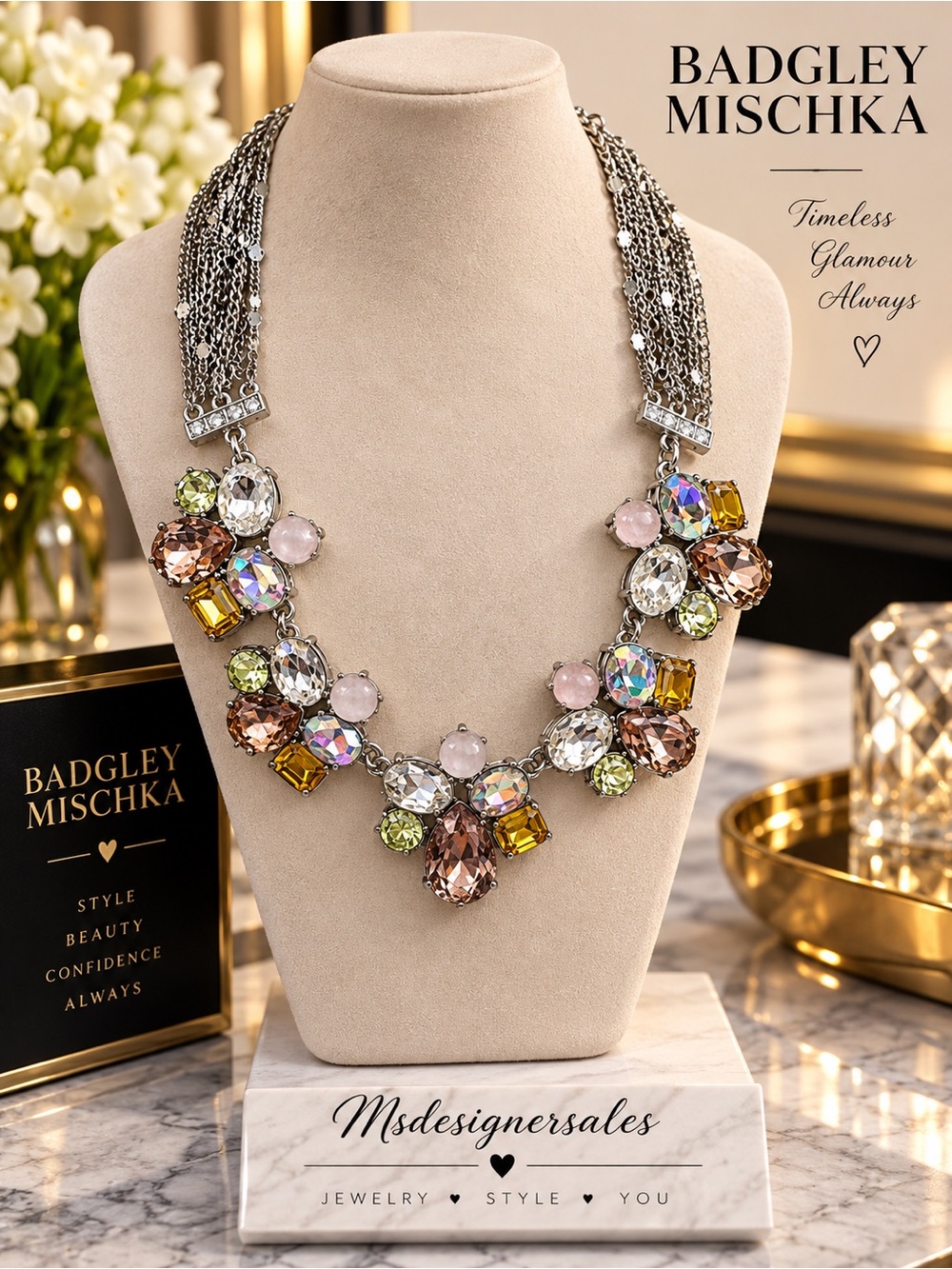 Badgley Mischka Pink, Amber, Green & Clear Crystal Multi-Strand Necklace